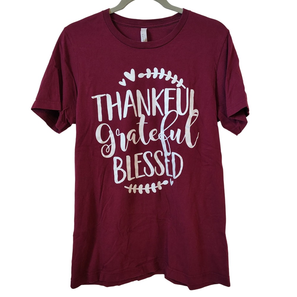 Women's Burgundy Thankful Grateful Blessed Graphic T-Shirt Size Medium Fall